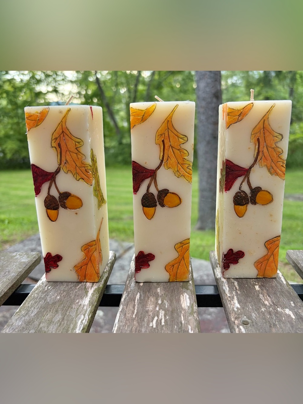 3 Handcrafted Autumn Acorn Pillar Candle - Cream and Orange. Bill Blass